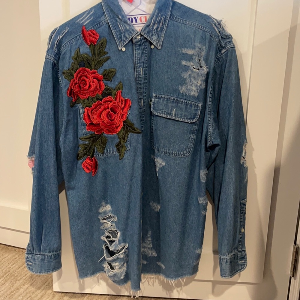 Rose distressed jean jacket/shirt
